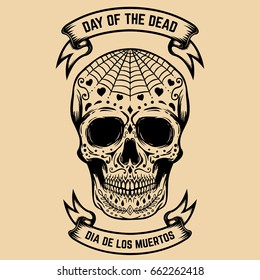 Day of the Dead. Dia de los Muertos. Sugar skull with floral pattern. Design element for poster, greeting card. Vector illustration