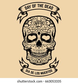 Day of the Dead. Dia de los Muertos. Sugar skull with floral pattern. Design element for poster, greeting card. Vector illustration