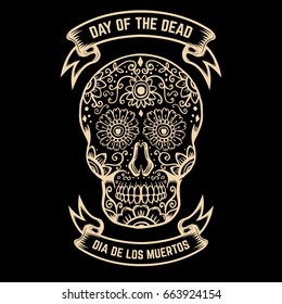 Day of the Dead. Dia de los Muertos. Sugar skull with floral pattern. Design element for poster, greeting card. Vector illustration