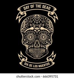 Day of the Dead. Dia de los Muertos. Sugar skull with floral pattern. Design element for poster, greeting card. Vector illustration