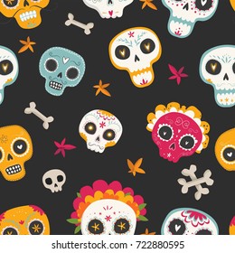 Day of the Dead. Dia de los muertos. Seamless vector pattern with sugar skulls and flowers on dark background
