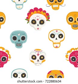 Day of the Dead. Dia de los muertos. Seamless vector pattern with sugar skulls and flowers on white background