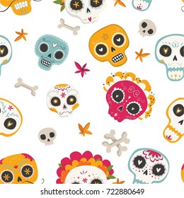 Day of the Dead. Dia de los muertos. Seamless vector pattern with sugar skulls and flowers on white background