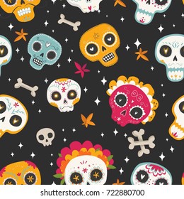 Day of the Dead. Dia de los muertos. Seamless vector pattern with cute hand drawn sugar skulls and flowers on dark background