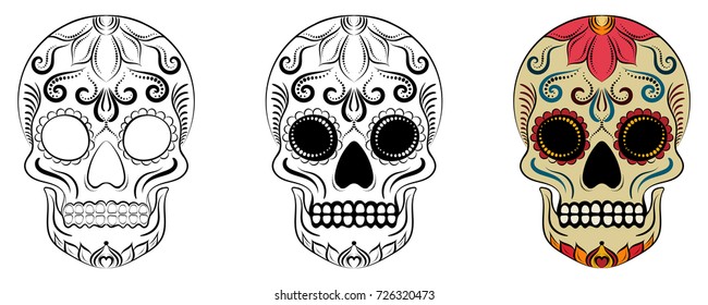 Day of the Dead (Dia de los Muertos) Sugar Skull set. Includes black and white and coloful skulls. Isolated vector design.