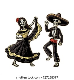 Day of the Dead, Dia de los Muertos. The skeleton in the Mexican woman national costumes sing and dance. Vector hand drawn vintage engraving for poster, label. Isolated on white background