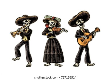 Day of the Dead, Dia de los Muertos. The skeleton in the Mexican national costumes dance, sing and play the guitar, violin, trumpet. Vector hand drawn vintage engraving isolated on white background