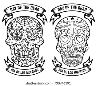 Day of the dead. Dia de los muertos. Set of the sugar skulls. Design elements for poster, greeting card, banner. Vector illustration