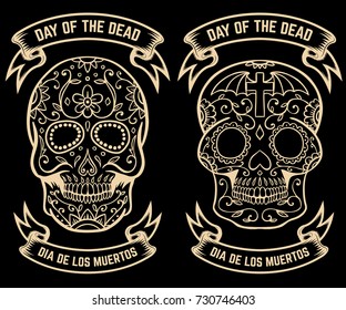 Day of the dead. Dia de los muertos. Set of the sugar skulls. Design elements for poster, greeting card, banner. Vector illustration