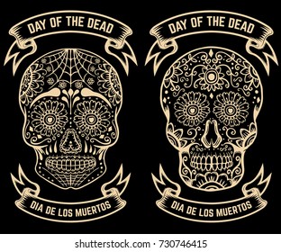 Day of the dead. Dia de los muertos. Set of the sugar skulls. Design elements for poster, greeting card, banner. Vector illustration