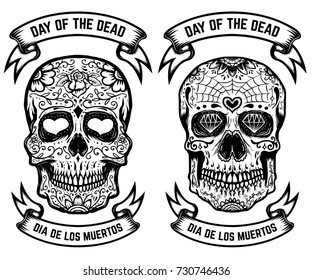 Day of the dead. Dia de los muertos. Set of the sugar skulls. Design elements for poster, greeting card, banner. Vector illustration