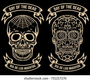 Day of the dead. Dia de los muertos. Set of the sugar skulls. Design elements for poster, greeting card, banner. Vector illustration
