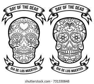 Day of the dead. Dia de los muertos. Set of the sugar skulls. Design elements for poster, greeting card, banner. Vector illustration