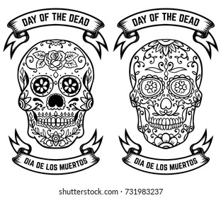 Day of the dead. Dia de los muertos. Set of the sugar skulls. Design elements for poster, greeting card, banner. Vector illustration