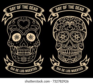 Day of the dead. Dia de los muertos. Set of the sugar skulls. Design elements for poster, greeting card, banner. Vector illustration