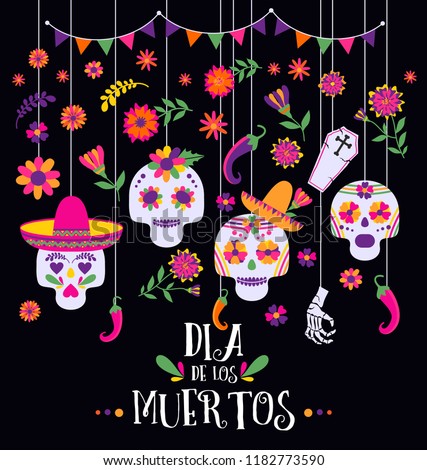 Day of the dead, Dia de los muertos, banner with colorful Mexican flowers and icons. Fiesta, holiday poster, party flyer, funny greeting card