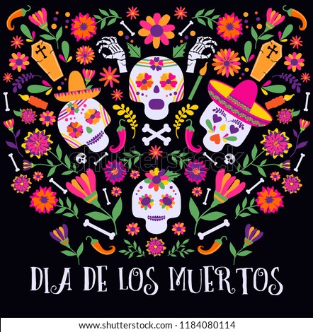 Day of the dead, Dia de los muertos, banner with colorful Mexican flowers and icons. Fiesta, holiday poster, party flyer, funny greeting card