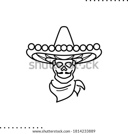 Day of Dead, Dia de Los Muertos fiesta, a skeleton in Mexican costume, Calavera skull  vector icon in outlines