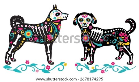 Day of the Dead, Dia de los muertos, animal skull and skeleton decorated with Mexican elements and flowers. Skeletons of dogs, puppies. Fiesta, Halloween, holiday poster, party. Vector illustration