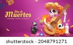 Day of the dead or dia de muertos banner. 3d cute skeleton playing the guitar at night with marigold petals falling around.
