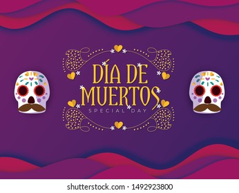 Day of the dead, Dia de muertos, banner with colorful skull head. Fiesta, holiday poster, party flyer, funny greeting card