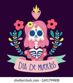 day of the dead or dia de muertos. female skeleton heart flowers decoration traditional mexican celebration vector illustration