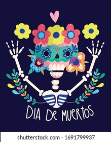 day of the dead is dia de muertos. skeleton with skull flowers decoration traditional celebration mexican vector illustration