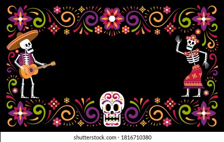 Tag der toten Dia de Muertos Zierrahmen mit Skelett in sombrero Blumen und Catrina Calavera. Mexikanisches Halloween-Poster. Vektorgrafik.