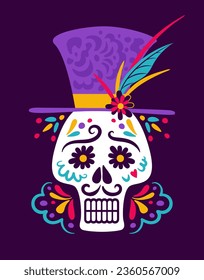 Day of the Dead. Dia de Muertos. Ofrenda. Baron Samedi. Skull in a top hat. Loa, voodoo. Saturday. Halloween. Vector illustration in flat style. For posters, postcards, banners, design elements.