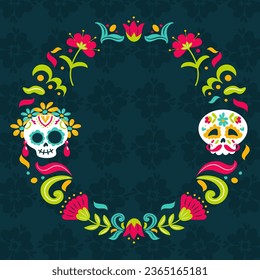 Day of the Dead. Dia de Muertos. Round frame, wreath. Catrina, the garbancera skull, festive skeleton, the bony dancer. Vector illustration in vintage style. For posters, postcards, banners, design.