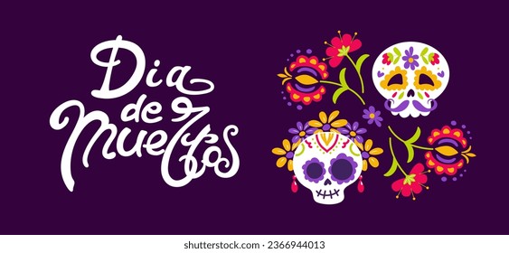 Day of the Dead. Dia de Muertos. Catrina, male and female garbancera skull, festive skeleton, the bony dancer. Horizontal banner in vintage style. For posters, postcards, banners, design