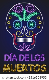 Dia dos Mortos, Dia de Muertos. Sinal de néon do crânio. Banner de luz de néon. Ilustração vetorial.