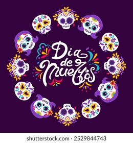 Tag der Toten. Dia de Muertos. Rundrahmen, Kranz. Catrina, der Garbancera Schädel, festliches Skelett, die knöcherne Tänzerin. Vektorgrafik im Vintage-Stil. Für Poster, Postkarten, Banner, Design.