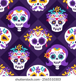 Day of the Dead. Dia de Muertos. A set of festive skulls decorated with flowers and drawings. Earrings, wreath, mustache. Catrina, the garbancera skull, the festive skeleton. Vintage style.