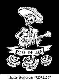 Day of the dead. Dia de muertos. Skeleton playing the guitar. Hand drawn illustration converted to vector.