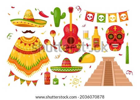Day of the Dead Dia de Muertos elements. Vector set of Mexican icons with sombrero, mexican clothes, skeleton characters, tequila, cactus, pyramid, maracas for from Cinco De Mayo. Icons for fiesta