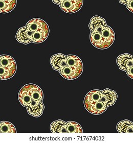 Day of dead, dia muertos skull vector seamless pattern. Ethnic traditional Mexican culture, hand drawn illustration background