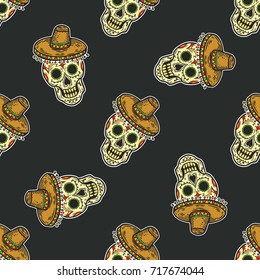Day of dead, dia muertos skull vector seamless pattern. Ethnic traditional Mexican culture, hand drawn illustration background