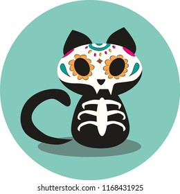 Day of the Dead, Dias de los Muertos, Halloween cute black cat skeleton and flower skull vector illustration with colorful and simple sketchy style. 