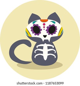 Day of the Dead, Dias de los Muertos, Halloween cute gray cat skeleton and flower skull vector illustration with colorful and simple sketchy style. 