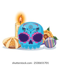 Day of the Dead display with a blue skull, flowers, sugar bread, candle, marigold, and maraca. Dia de los muertos