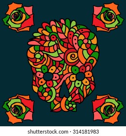 Day of The Dead doodle skull with floral ornament and four roses, autumn colors over dark background.