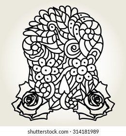 Day of The Dead doodle skull with floral ornament and roses, in black and white.