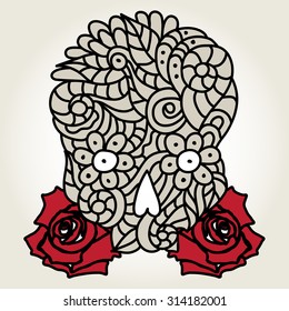 Day of The Dead doodle skull with floral ornament and red roses.