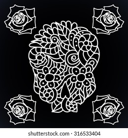 Day of The Dead doodle skull with floral ornament and roses in white over black.