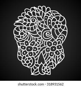 Day of The Dead doodle skull with floral ornament in white over black background.