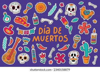 day of the dead doodles, pre made stickers with white edge, cartoon elements for prints, cards, stationary, planners, sublimation, etc. Dia de los muertos theme. mexican culture. EPS 10