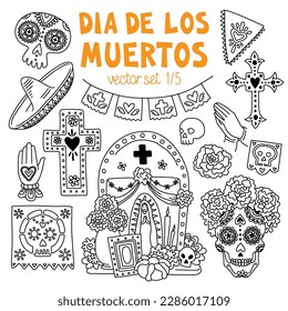 Day of the dead doodles set. Dia de los muertos. Traditional Mexican symbols - skulls, altars, crosses, decorated graves, marigold flower, candles. Isolated vector drawings. Stroke weight is editable