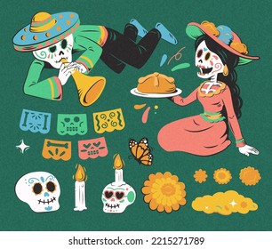 Día del elemento muerto aislado en fondo verde turco. Calavera de azúcar ilustrada, vela, caléndula, mariposa, decoraciones festivas, músico esqueleto y mujer.