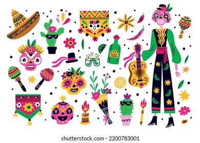 Day of Dead elements. Death holiday. Mexican color decor. Traditional Mexico celebration. Latino fiesta. Skeleton with guitar. Patterned sugar skull. Muertos carnival